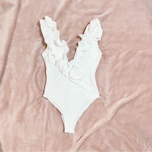 Zara White Ruffle Deep V BodySuit Feminine Statement Top